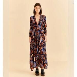 FARM RIO NEW Blue Nature Beauty Long Sleeve Maxi Dress In Nature Beauty Blue XXS